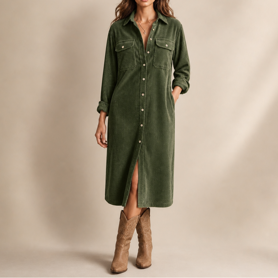 Lavinia | Women's Ribbed Corduroy Button-Front Shirt Dress