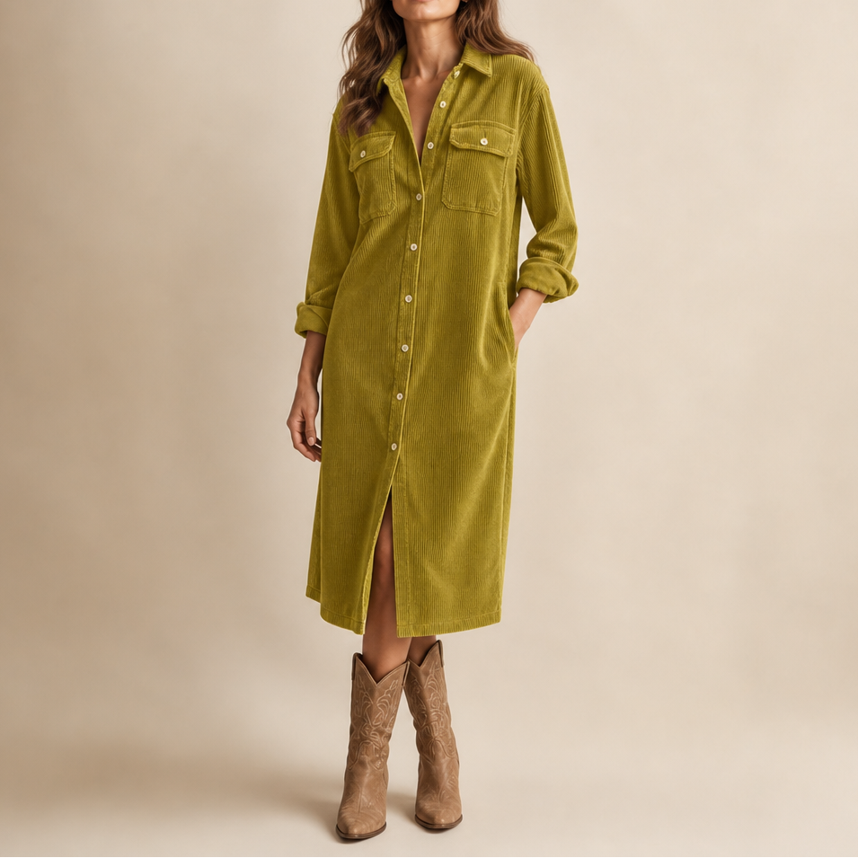 Lavinia | Women's Ribbed Corduroy Button-Front Shirt Dress