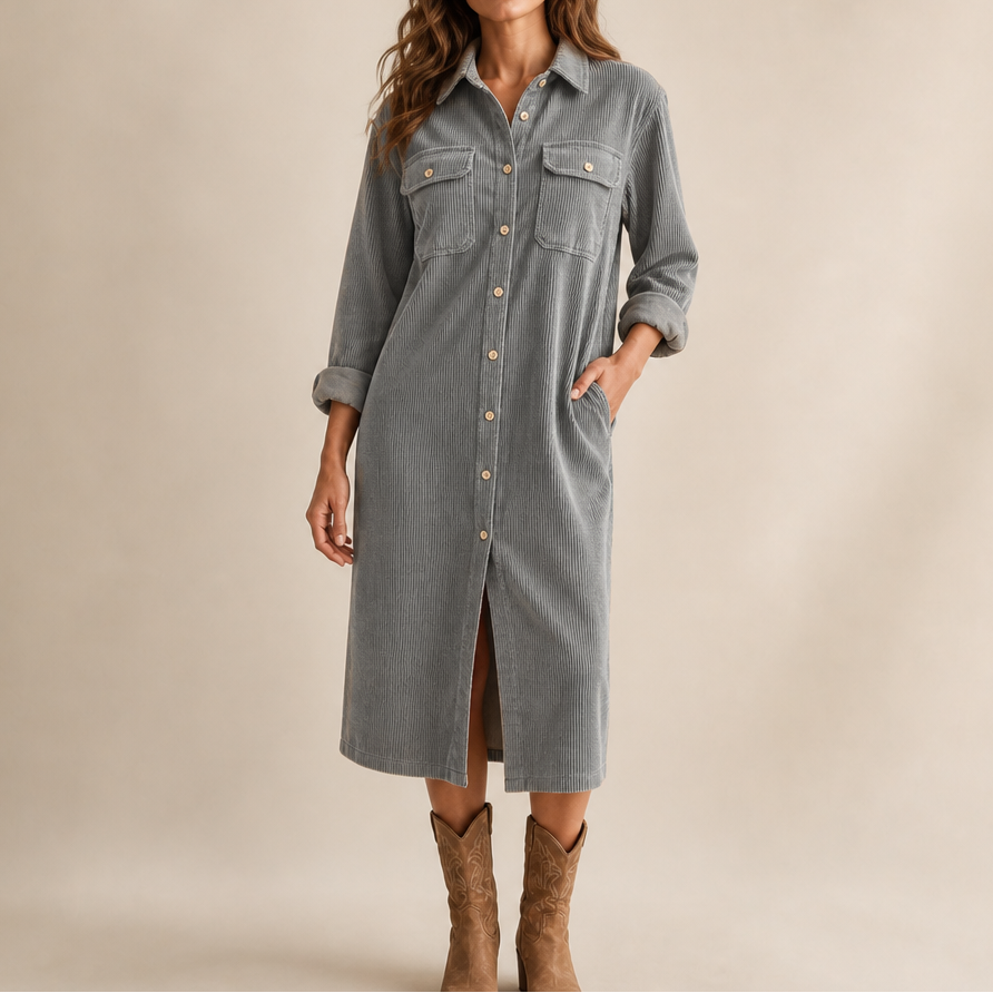 Lavinia | Women's Ribbed Corduroy Button-Front Shirt Dress