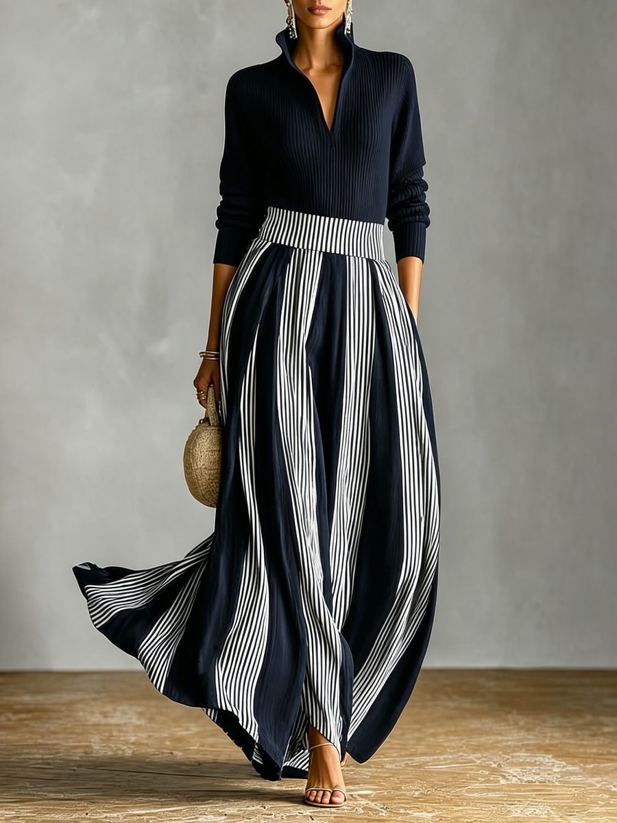 Alba | Women's Ribbed Half-Zip Top & Pleated Striped Skirt Set