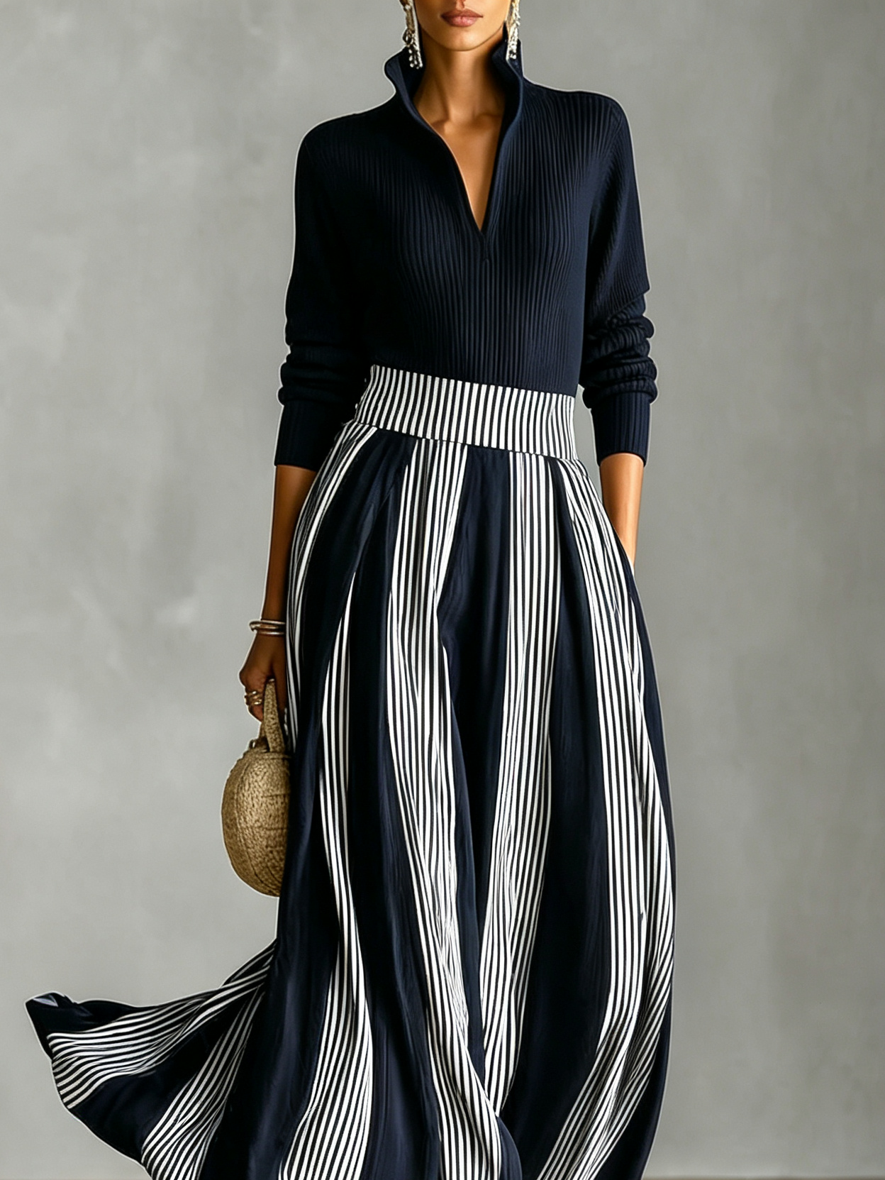 Alba | Women's Ribbed Half-Zip Top & Pleated Striped Skirt Set