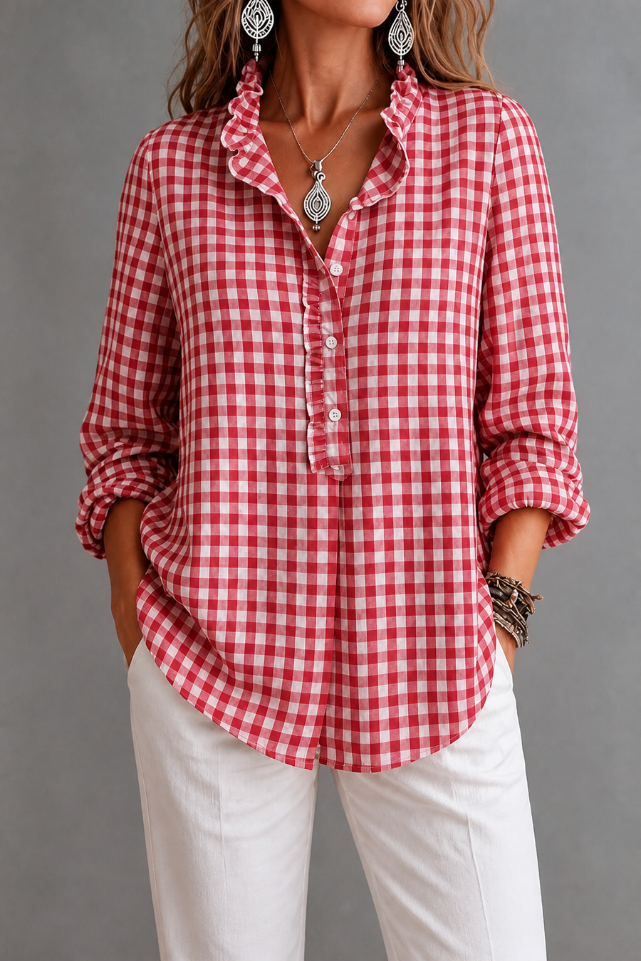 Flora-Tamara | Women's Ruffled Collar Checked Print Blouse