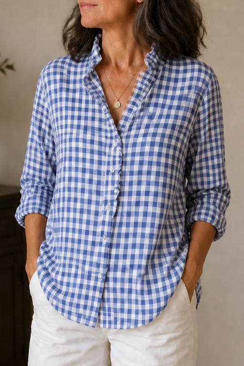 Flora-Tamara | Women's Ruffled Collar Checked Print Blouse