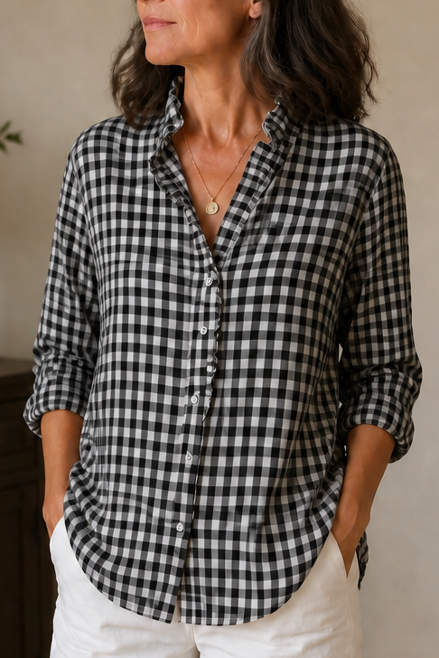 Flora-Tamara | Women's Ruffled Collar Checked Print Blouse