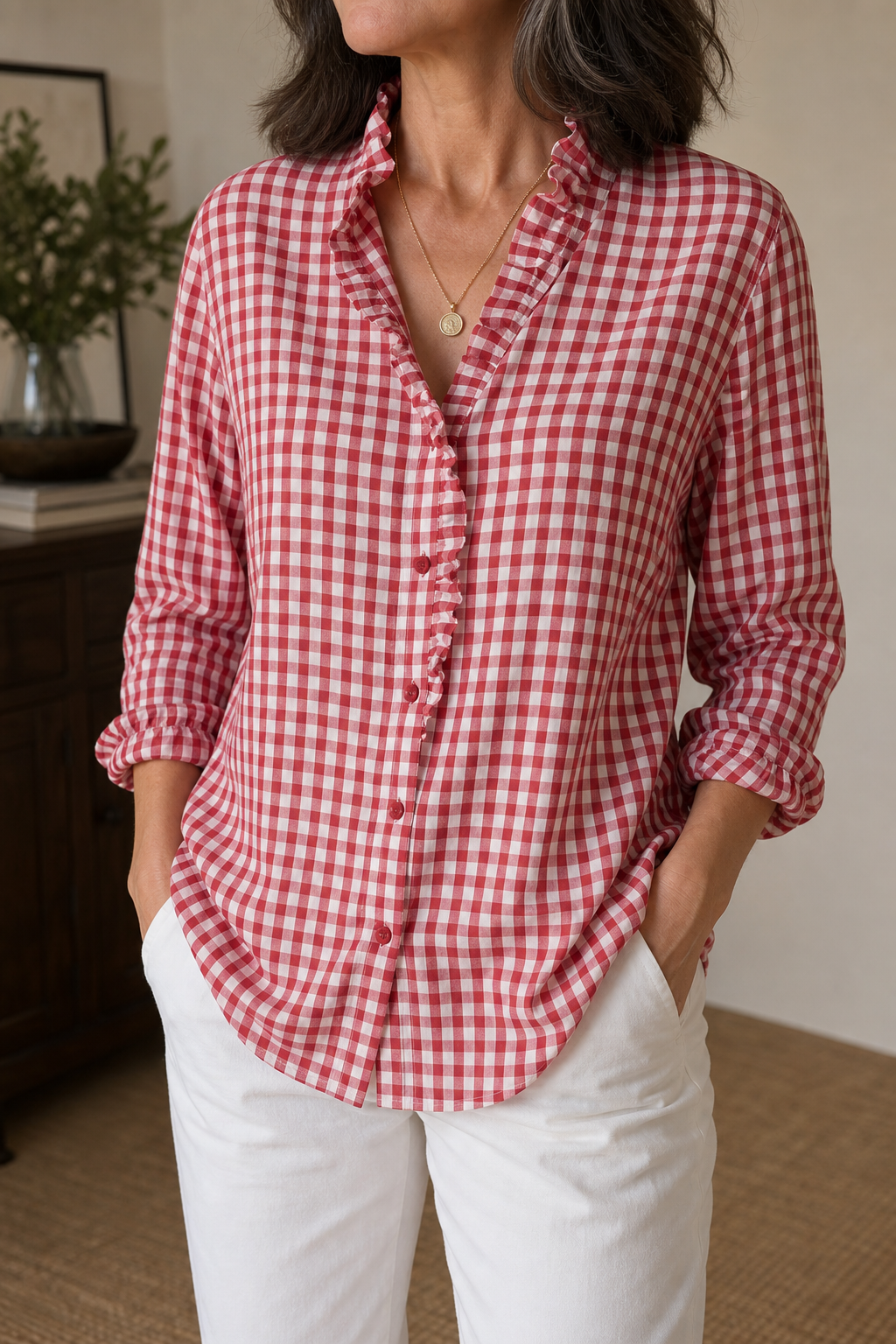 Flora-Tamara | Women's Ruffled Collar Checked Print Blouse