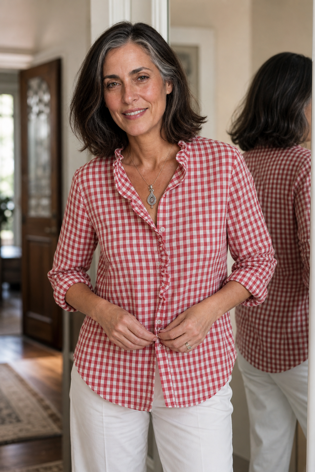 Flora-Tamara | Women's Ruffled Collar Checked Print Blouse