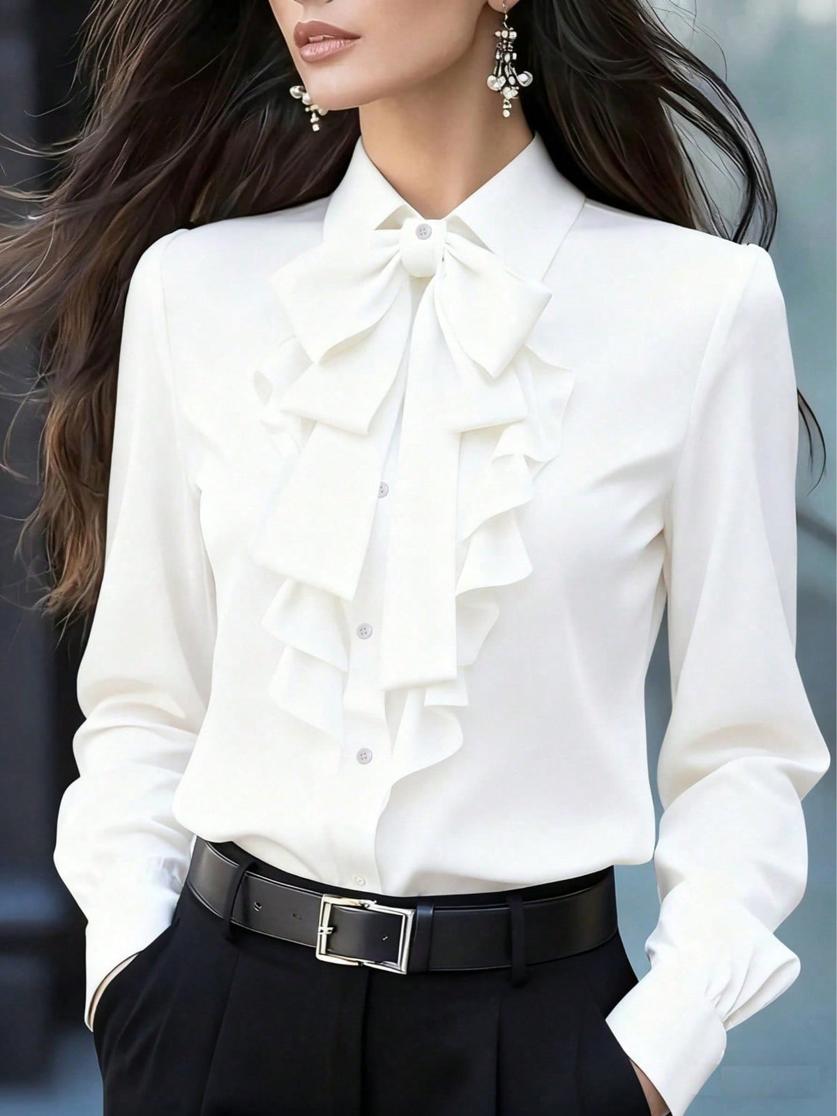 Thelma-Evelina | Women's Satin Bow-Tie Ruffle Blouse