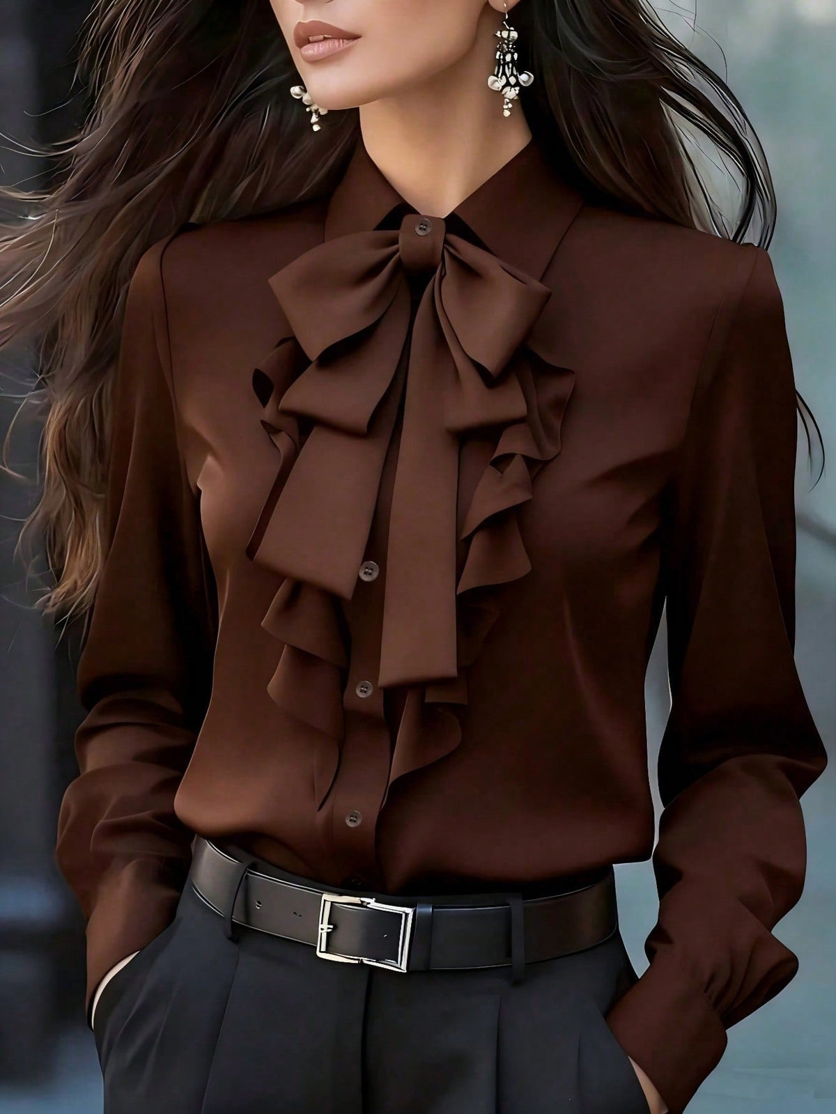 Thelma-Evelina | Women's Satin Bow-Tie Ruffle Blouse