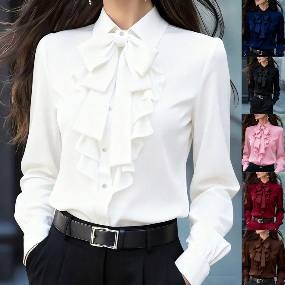 Thelma-Evelina | Women's Satin Bow-Tie Ruffle Blouse