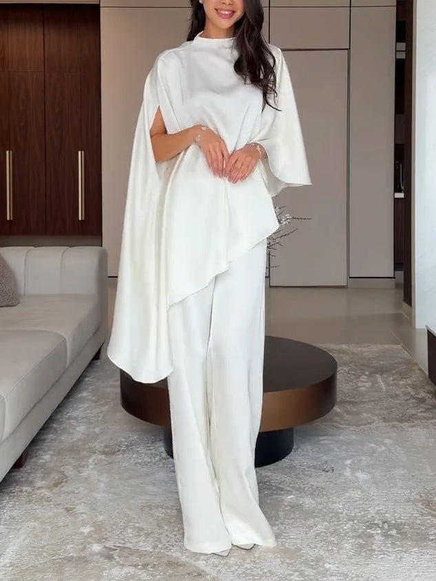 Veronica | Women's Satin Cape Top and Wide-Leg Trouser Two-Piece Set