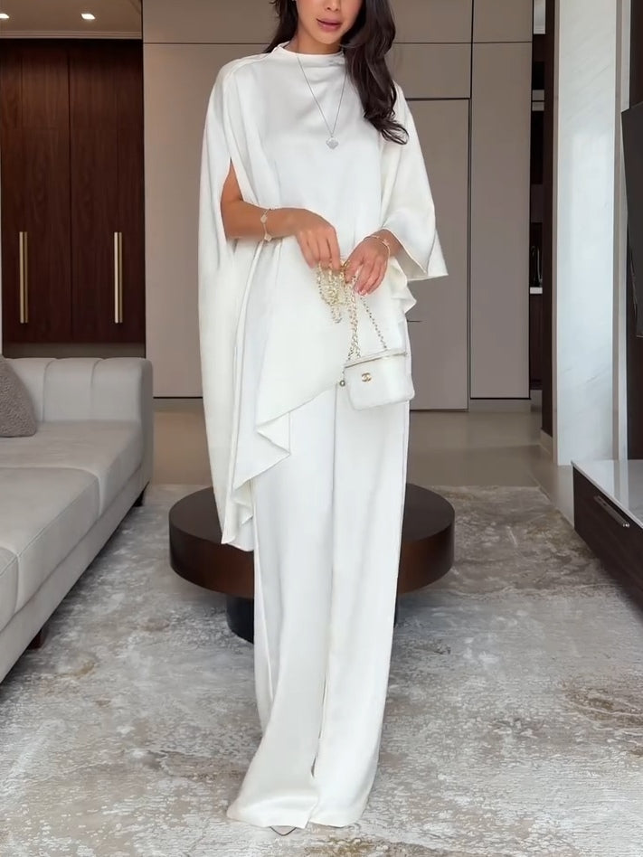 Veronica | Women's Satin Cape Top and Wide-Leg Trouser Two-Piece Set