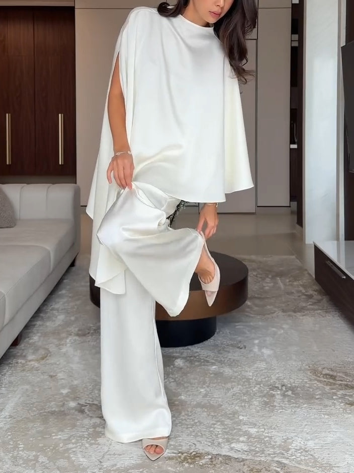 Veronica | Women's Satin Cape Top and Wide-Leg Trouser Two-Piece Set