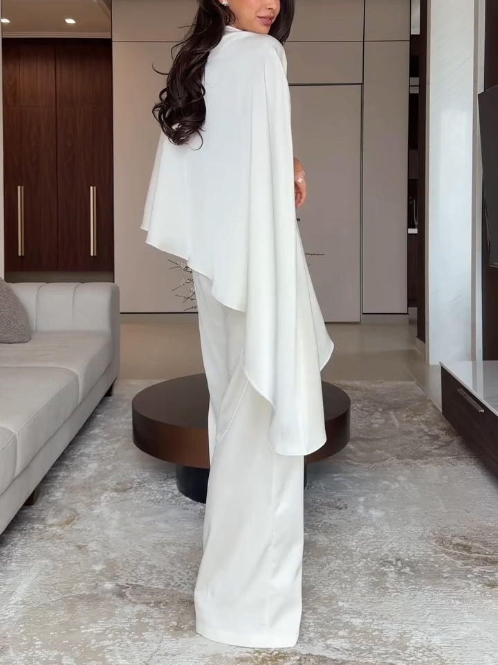 Veronica | Women's Satin Cape Top and Wide-Leg Trouser Two-Piece Set