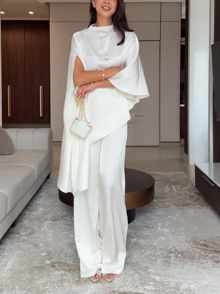 Veronica | Women's Satin Cape Top and Wide-Leg Trouser Two-Piece Set