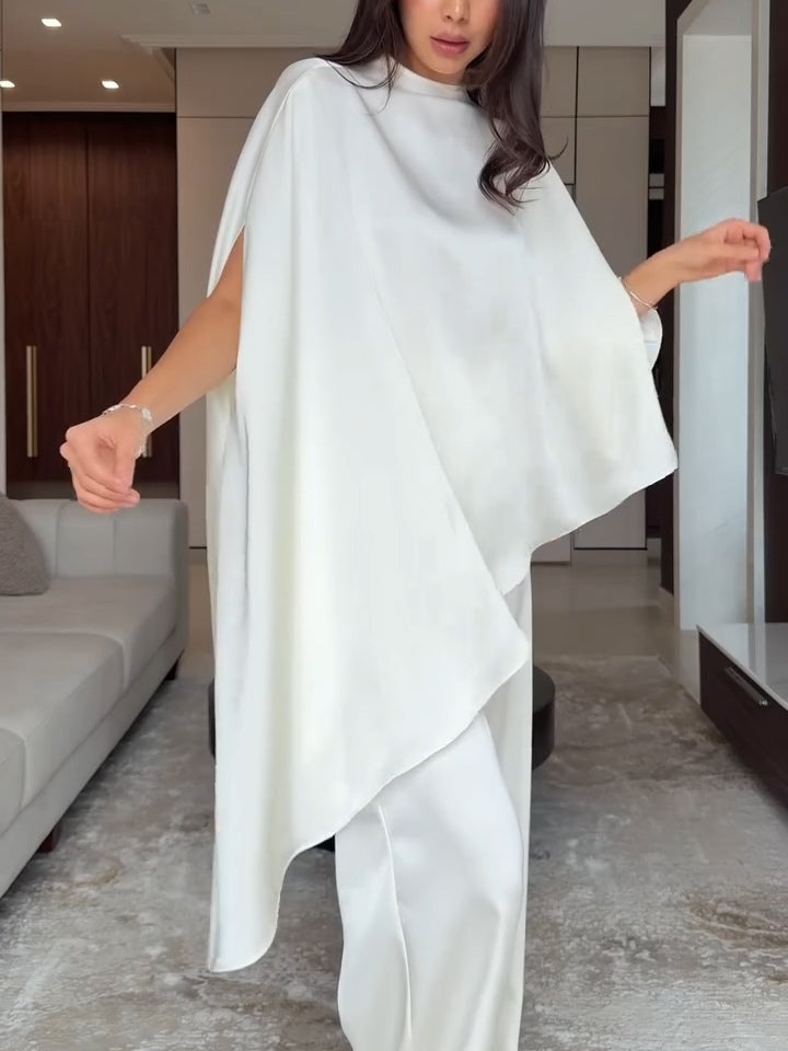 Veronica | Women's Satin Cape Top and Wide-Leg Trouser Two-Piece Set