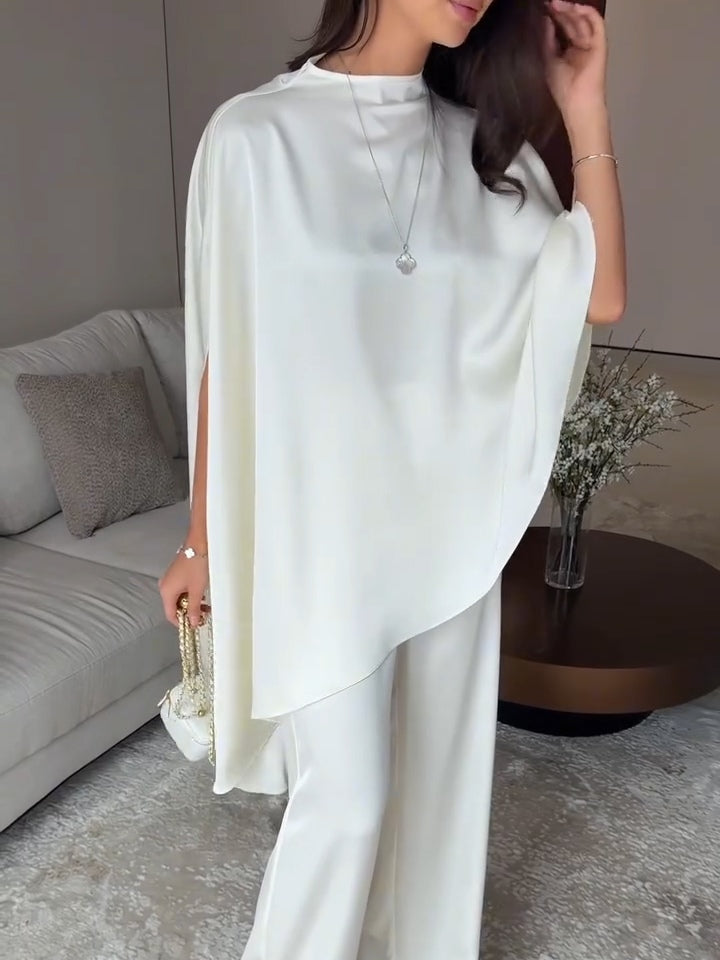 Veronica | Women's Satin Cape Top and Wide-Leg Trouser Two-Piece Set