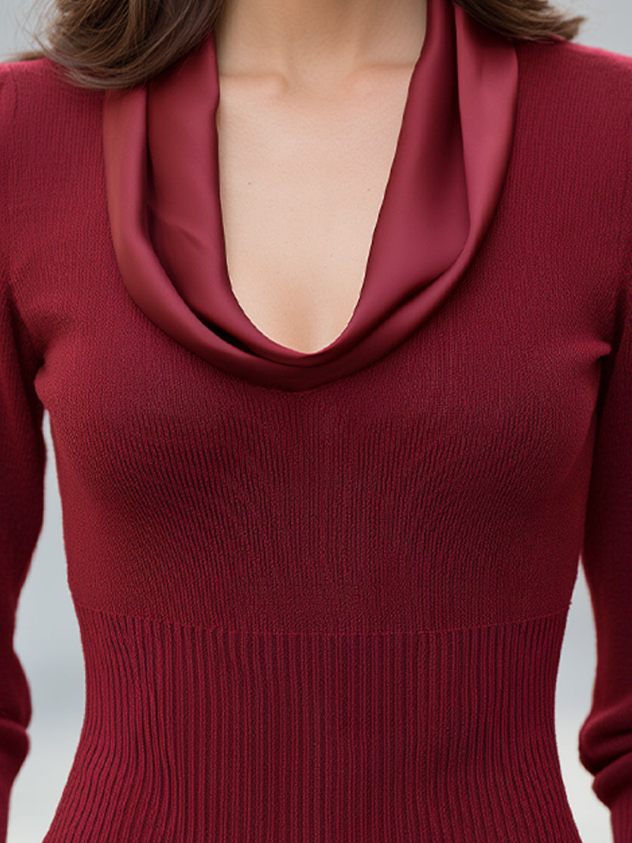 Rosemary-Miriam | Women's Satin Drape-Neck Ribbed-Waist Knit Top