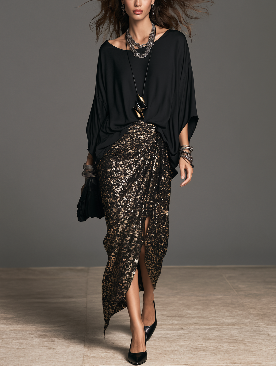 Minerva | Women's Satin Top and Sequin Skirt Two-Piece Set