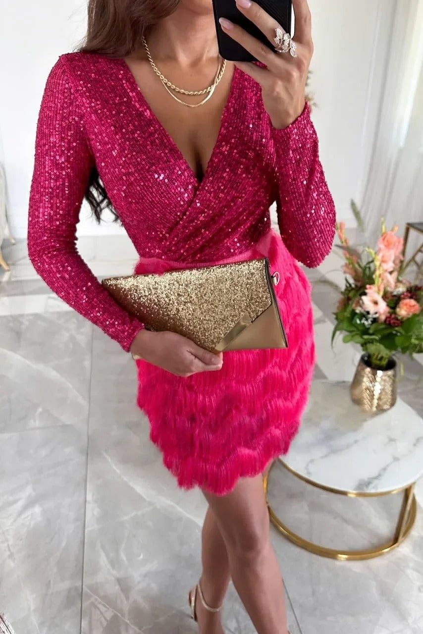 Eugenia-Ramona | Women's Sequin Feather Wrap Mini Dress