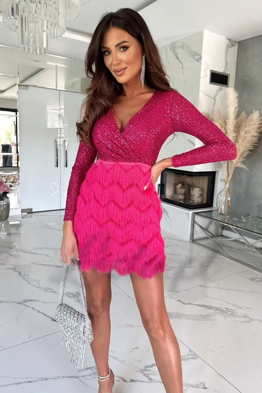 Eugenia-Ramona | Women's Sequin Feather Wrap Mini Dress