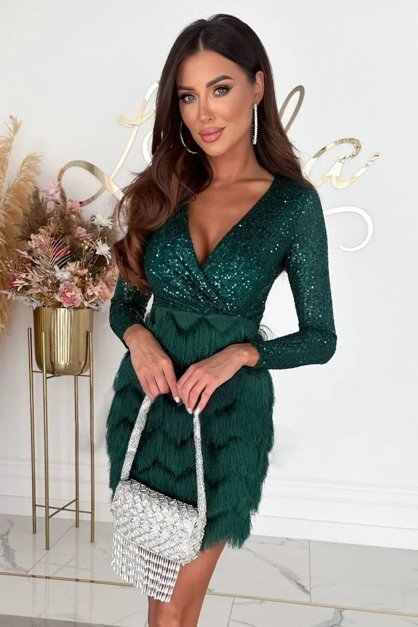 Eugenia-Ramona | Women's Sequin Feather Wrap Mini Dress
