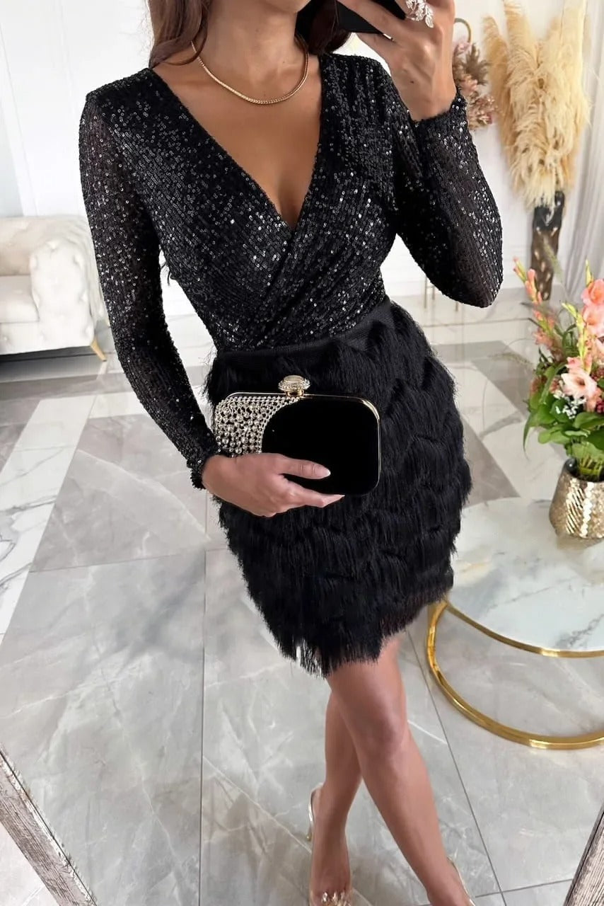 Eugenia-Ramona | Women's Sequin Feather Wrap Mini Dress