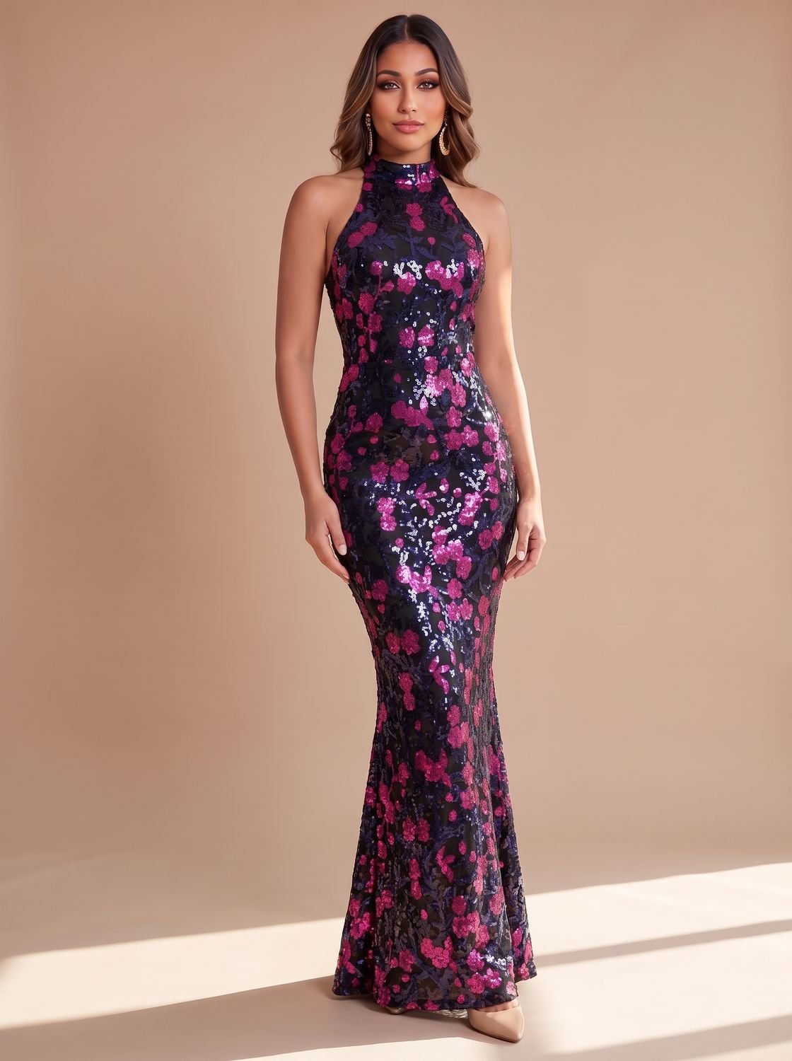 Meredith-Greta | Women's Sequin Floral Mermaid Maxi Dress
