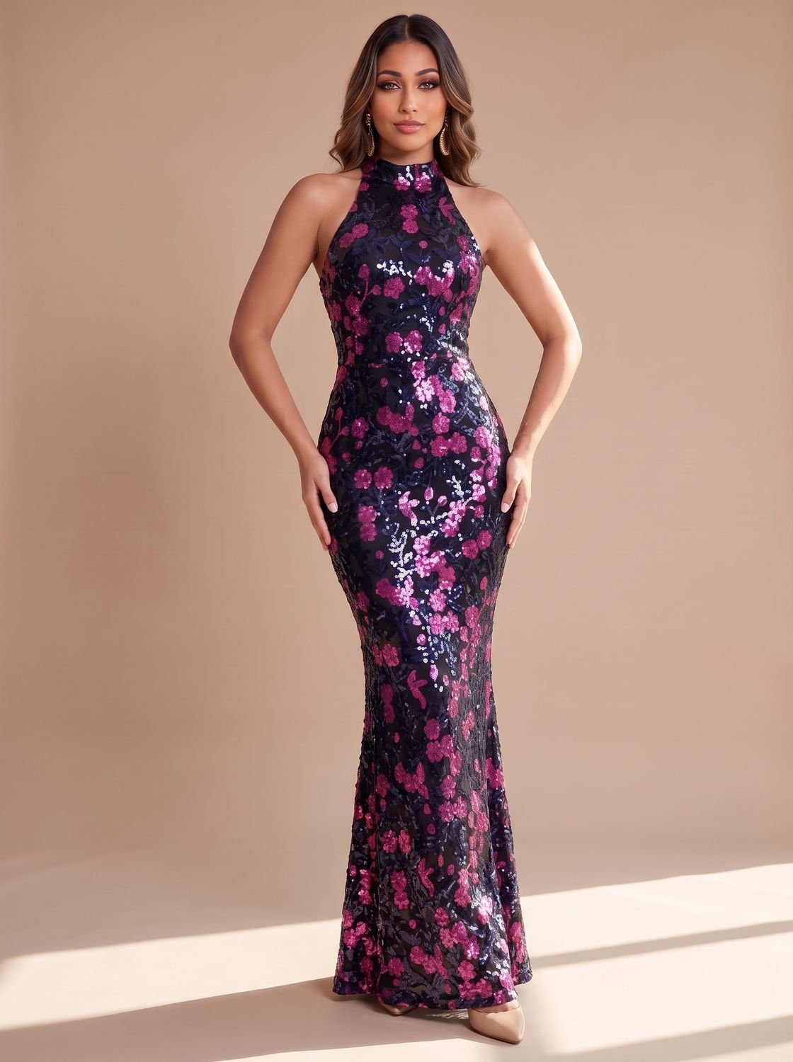 Meredith-Greta | Women's Sequin Floral Mermaid Maxi Dress
