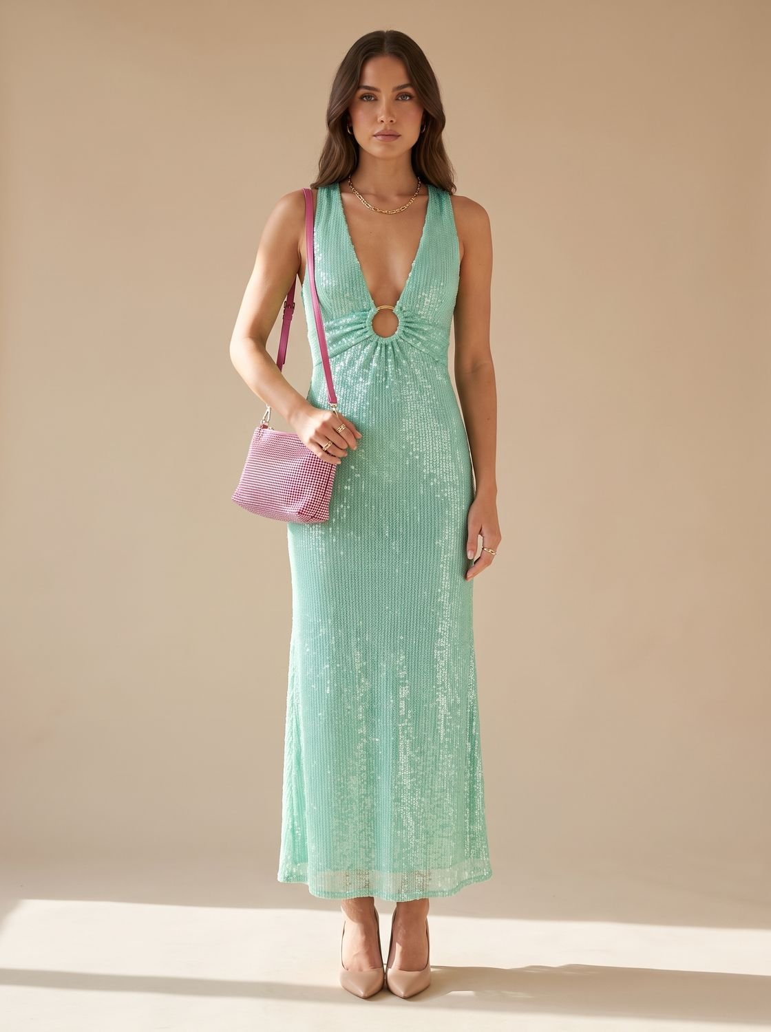 Bianca-Louisa | Women's Sequin Plunge-Neck Flared-Sleeve Mini Dress