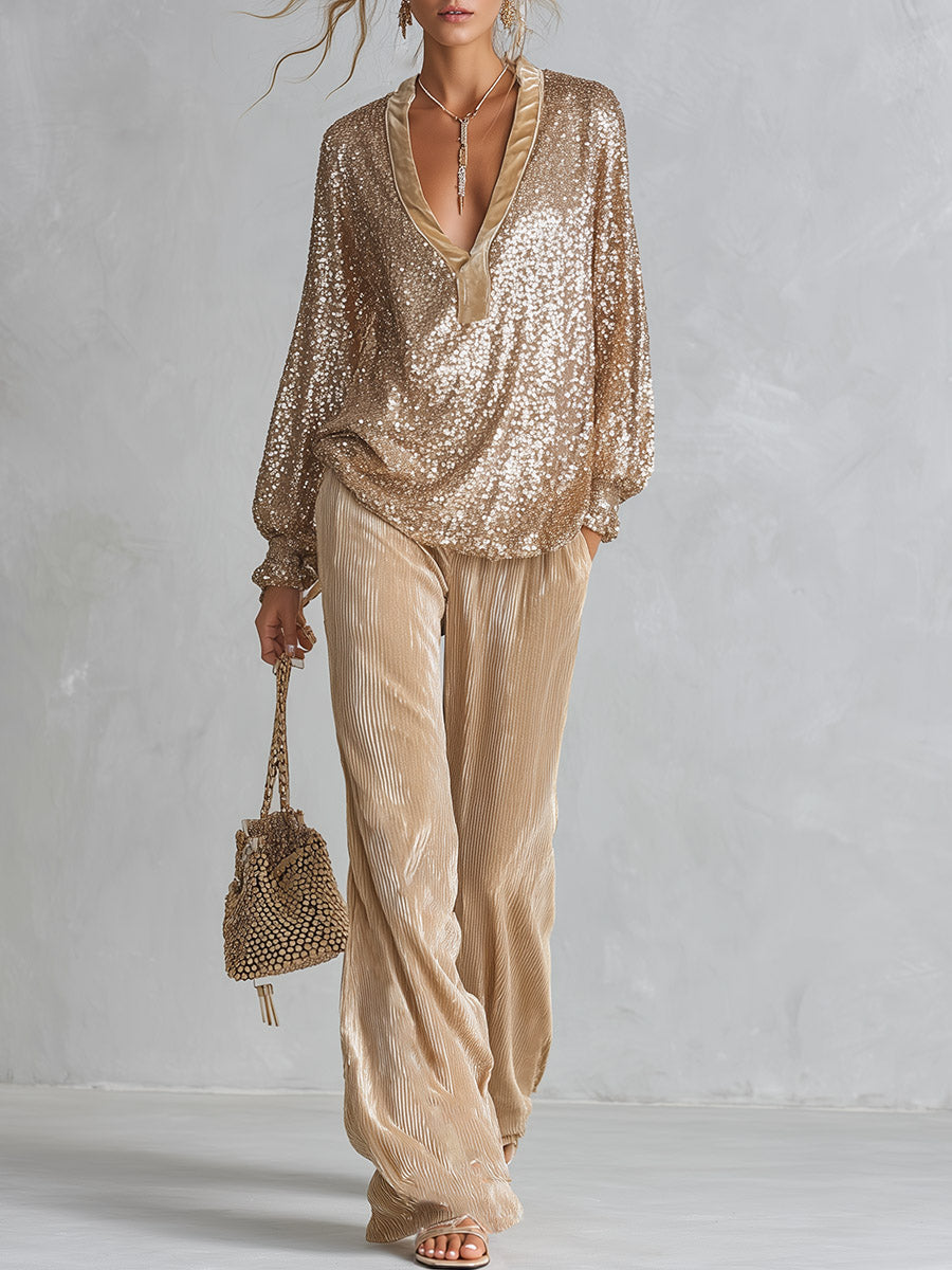 Pauline-Alma | Women's Sequin Top & Velvet Trousers Set