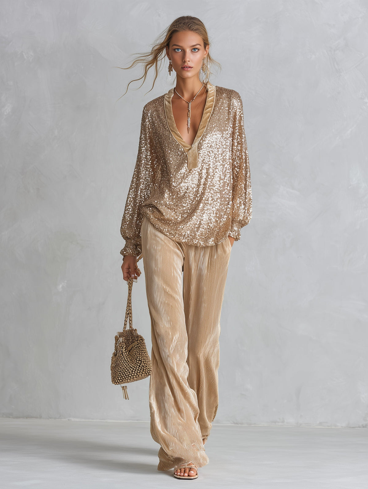 Pauline-Alma | Women's Sequin Top & Velvet Trousers Set