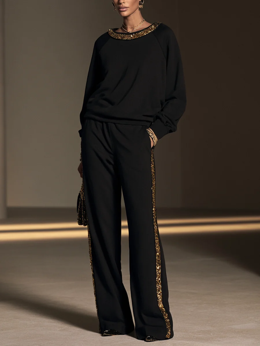 Penelope | Women's Sequin-Trim Top and Wide-Leg Trousers Set