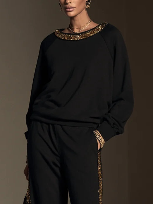 Penelope | Women's Sequin-Trim Top and Wide-Leg Trousers Set