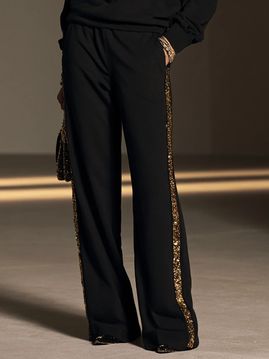 Penelope | Women's Sequin-Trim Top and Wide-Leg Trousers Set