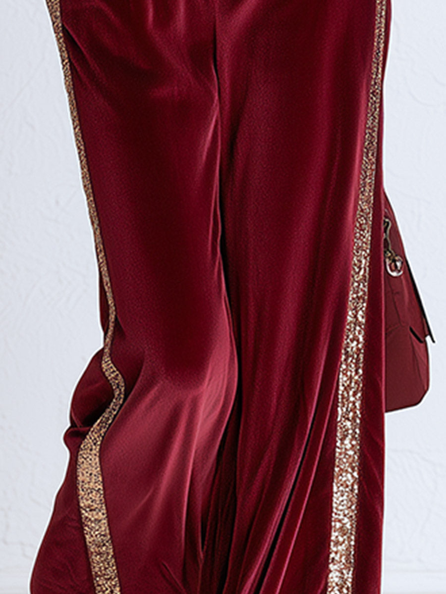 Annelise-Estelle | Women's Sequin-Trimmed Velvet Top and Trouser Set