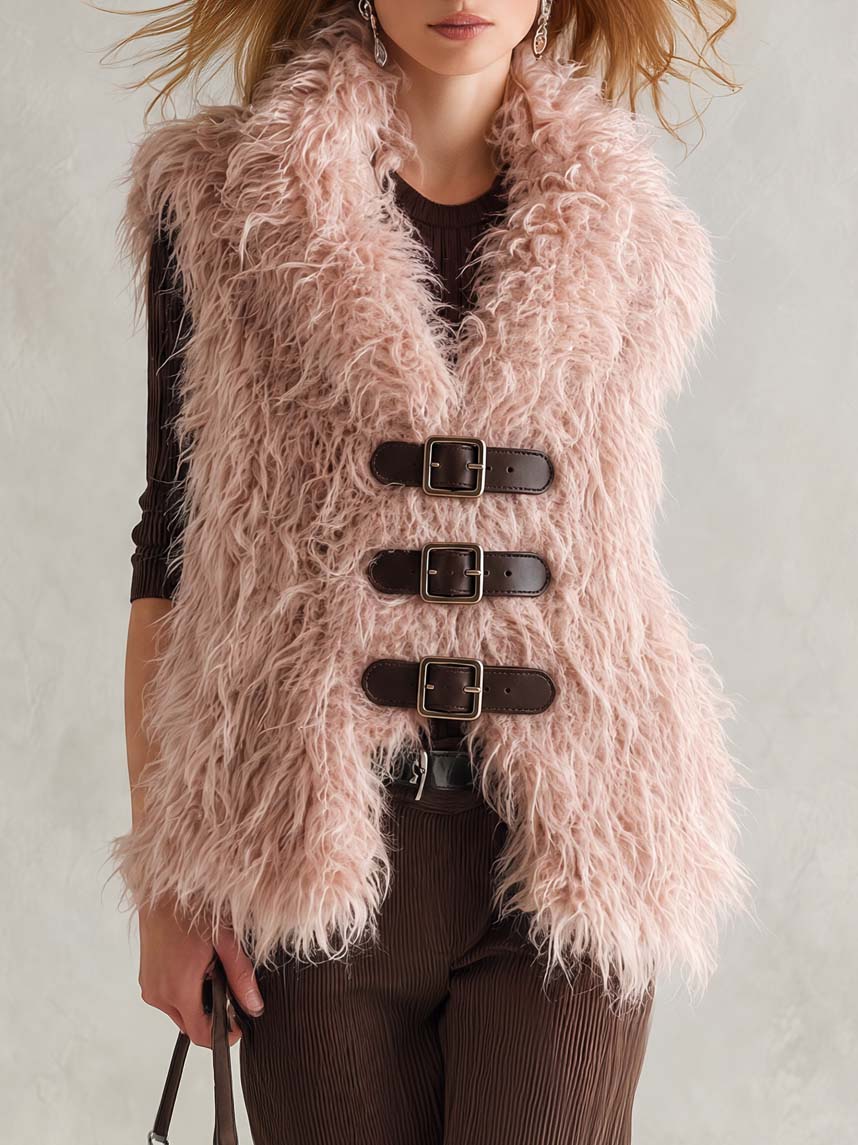 Nora-Mercedes | Women's Shaggy Plush Buckle-Front Vest