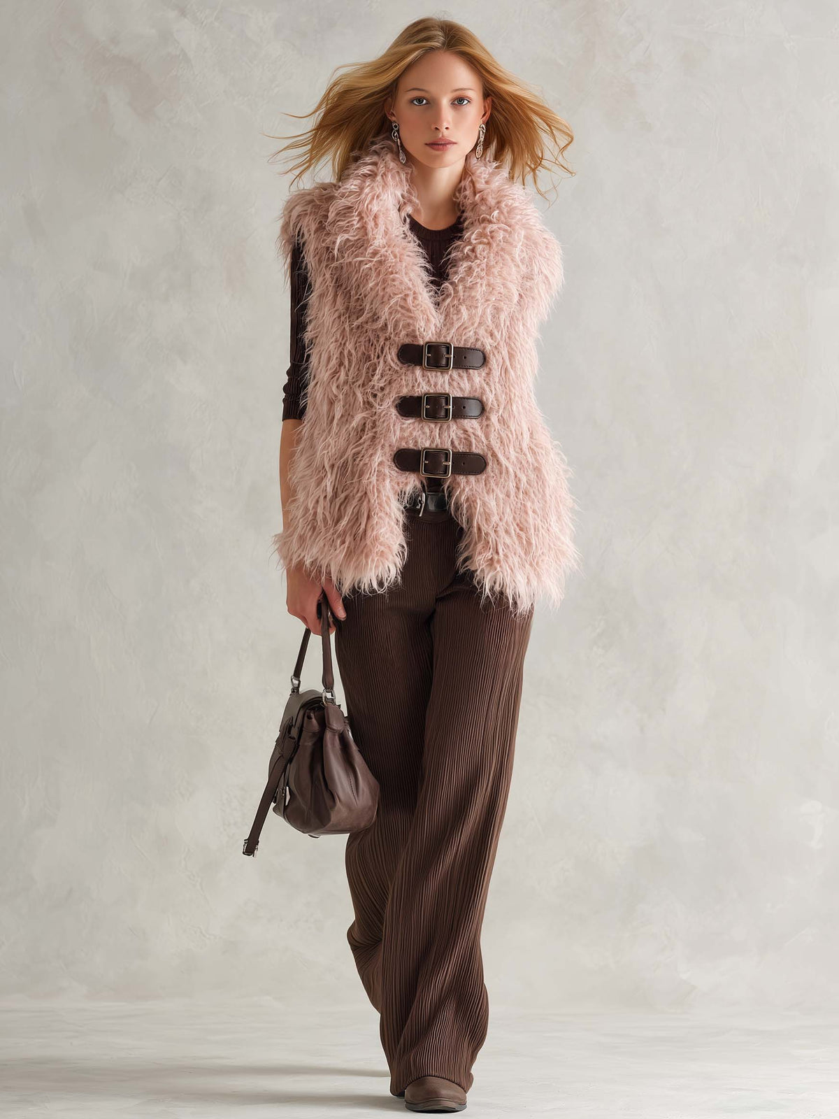 Nora-Mercedes | Women's Shaggy Plush Buckle-Front Vest