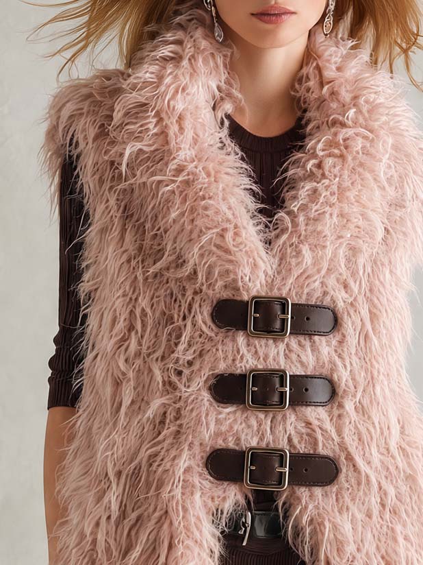 Nora-Mercedes | Women's Shaggy Plush Buckle-Front Vest