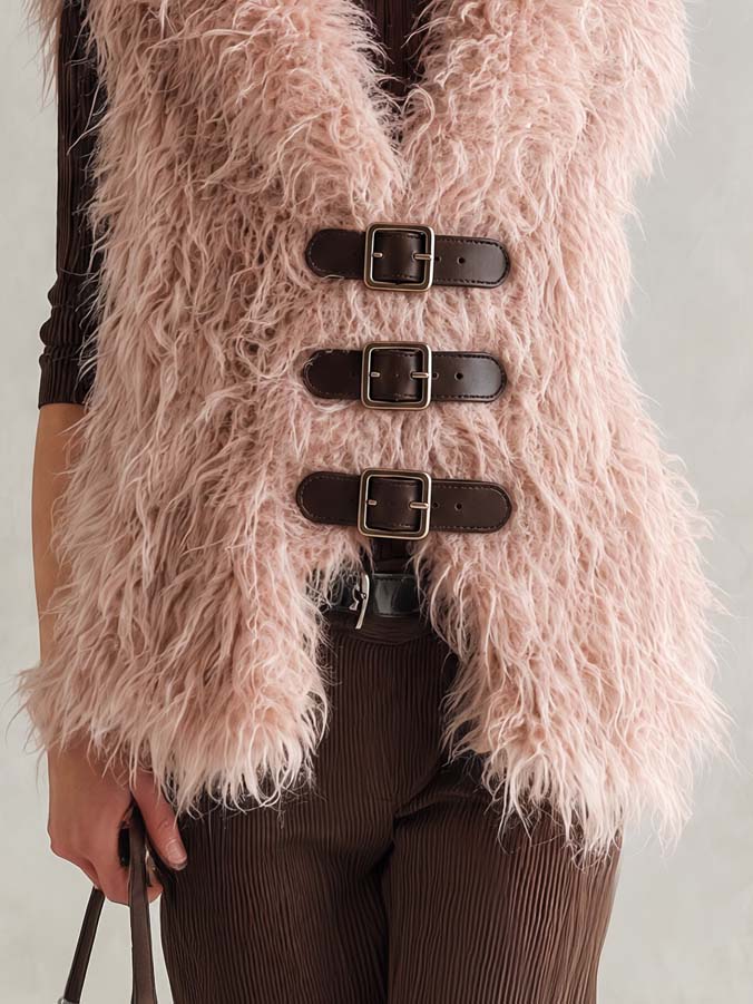 Nora-Mercedes | Women's Shaggy Plush Buckle-Front Vest