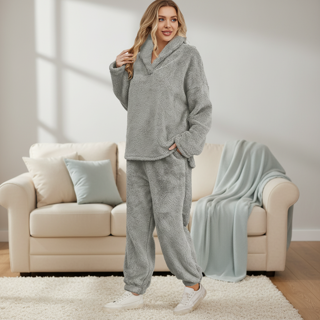 Ruth-Ophelia | Women's Shawl-Collar Teddy Fleece Lounge Set