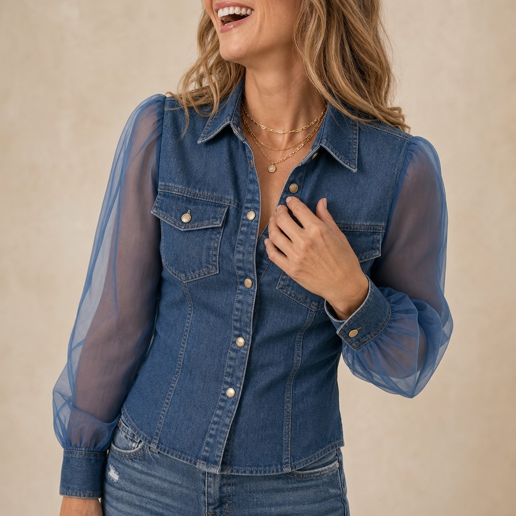 Rhea | Women's Sheer Puff Sleeve Denim Shirt Dress