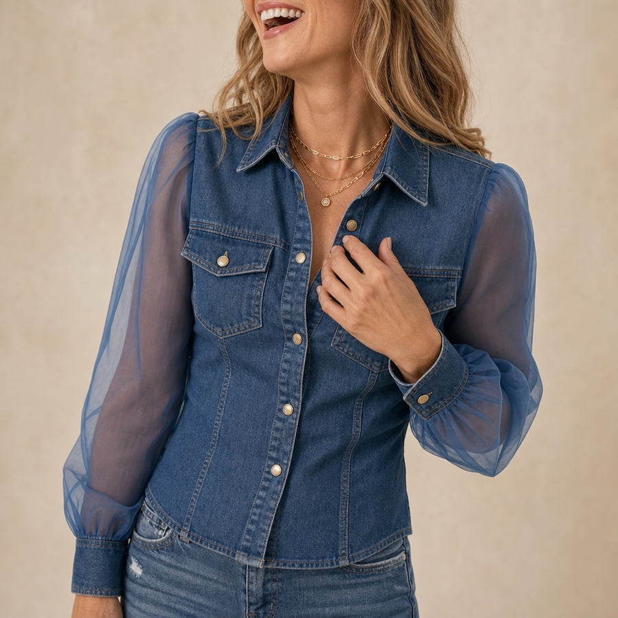 Rhea | Women's Sheer Puff Sleeve Denim Shirt Dress
