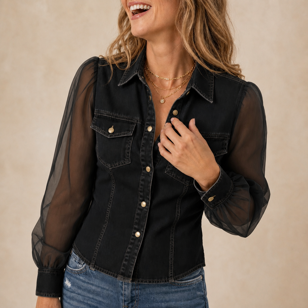Rhea | Women's Sheer Puff Sleeve Denim Shirt Dress