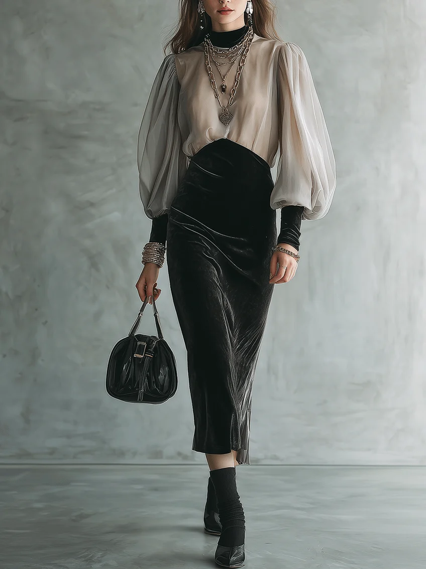 Frida | Women's Sheer-Sleeve Velvet Midi Dress
