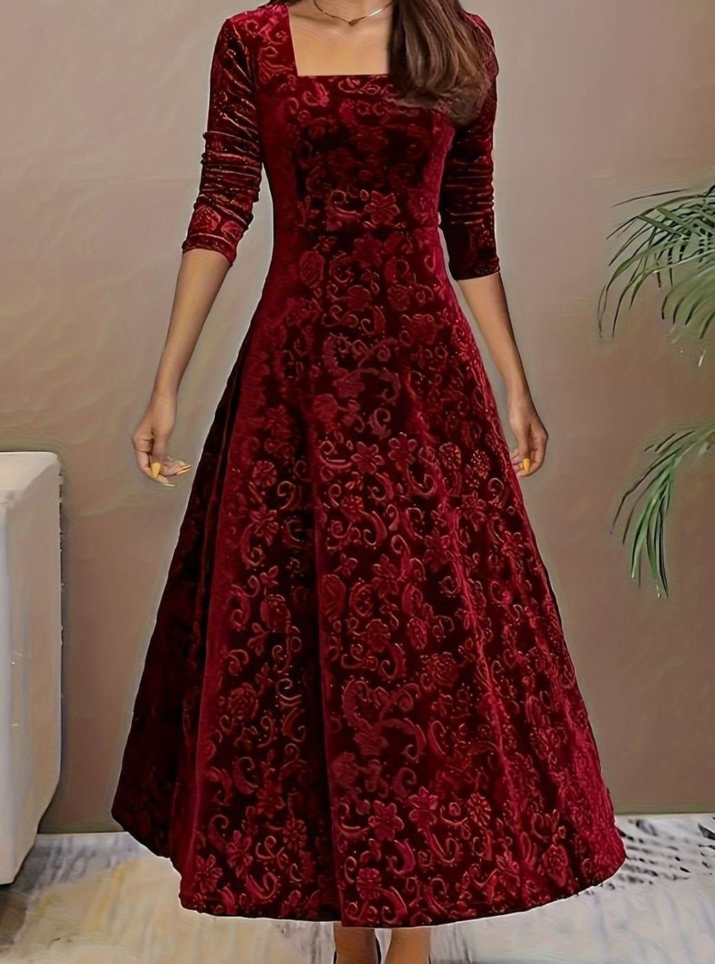 Genevieve-Bernadette | Women's Square-Neck Embossed Velvet Midi Dress