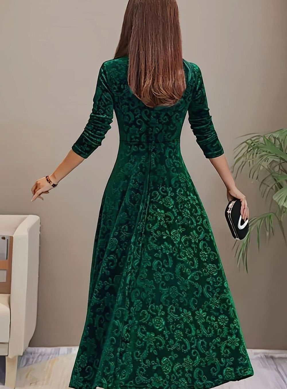 Genevieve-Bernadette | Women's Square-Neck Embossed Velvet Midi Dress