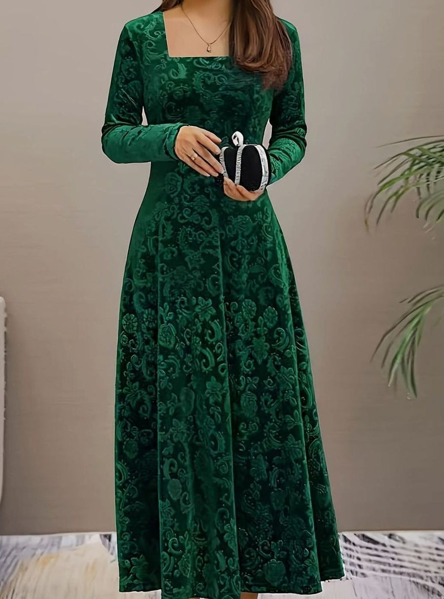 Genevieve-Bernadette | Women's Square-Neck Embossed Velvet Midi Dress