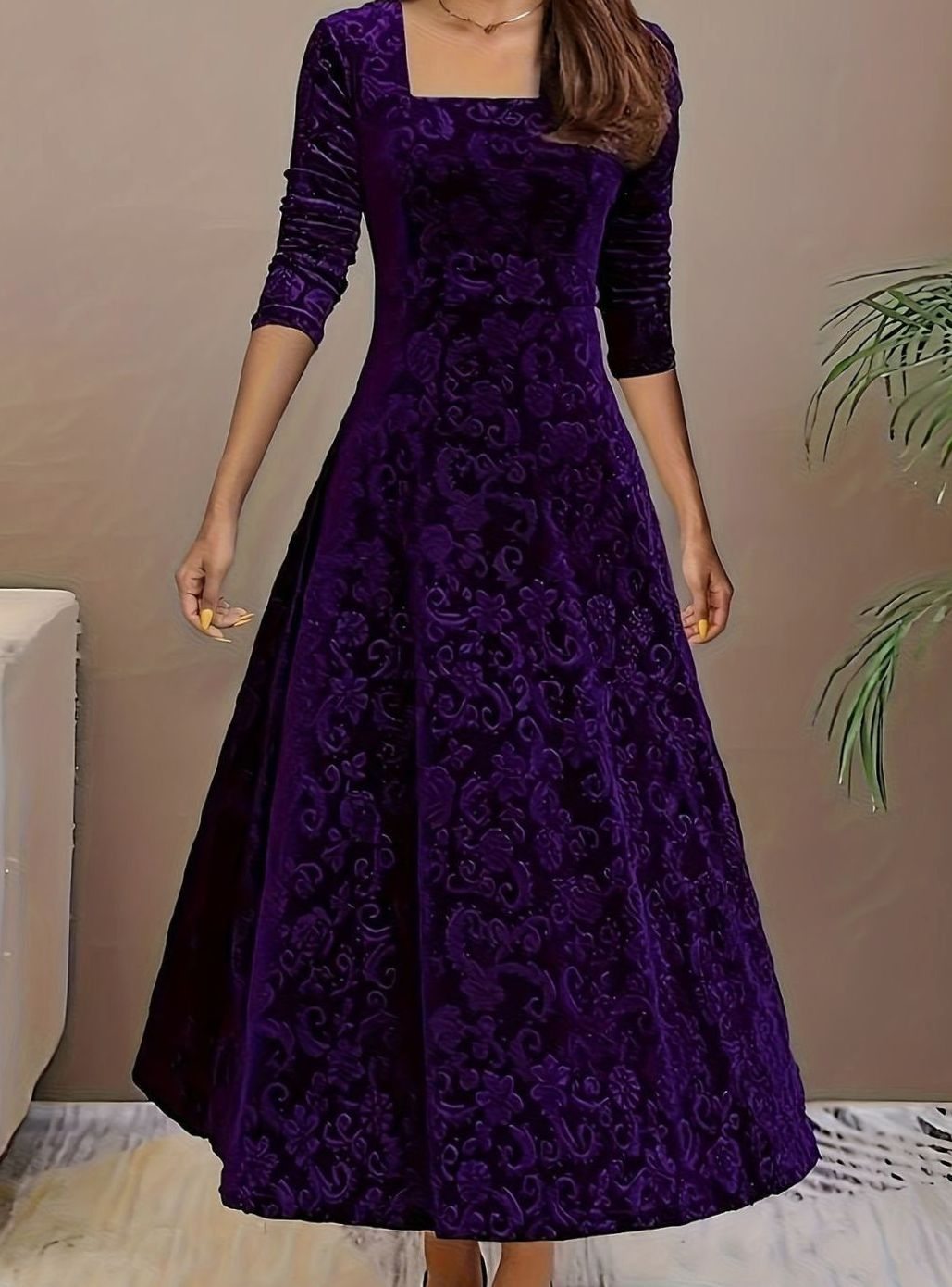 Genevieve-Bernadette | Women's Square-Neck Embossed Velvet Midi Dress