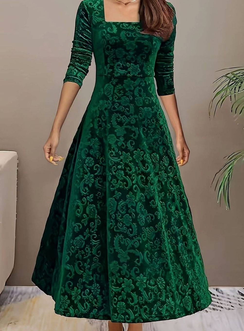 Genevieve-Bernadette | Women's Square-Neck Embossed Velvet Midi Dress
