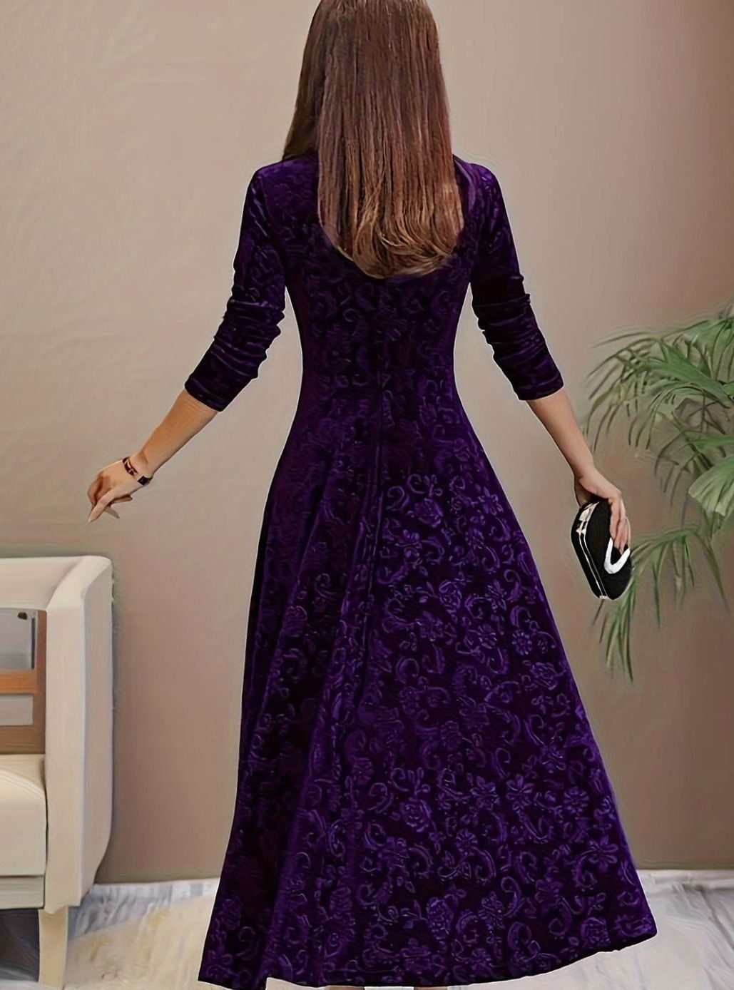 Genevieve-Bernadette | Women's Square-Neck Embossed Velvet Midi Dress